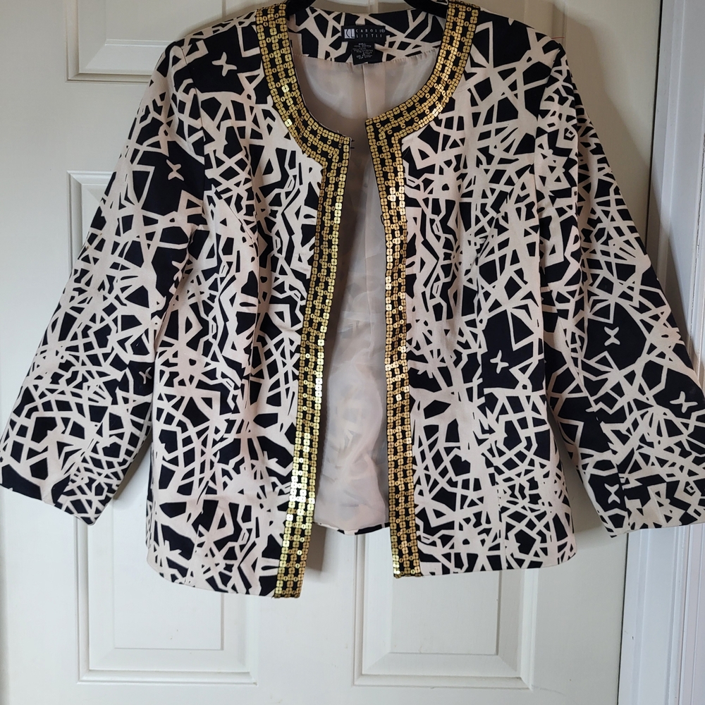 Carole Little Stunning Black & White Abstract Pattern Jacket with Gold Trim